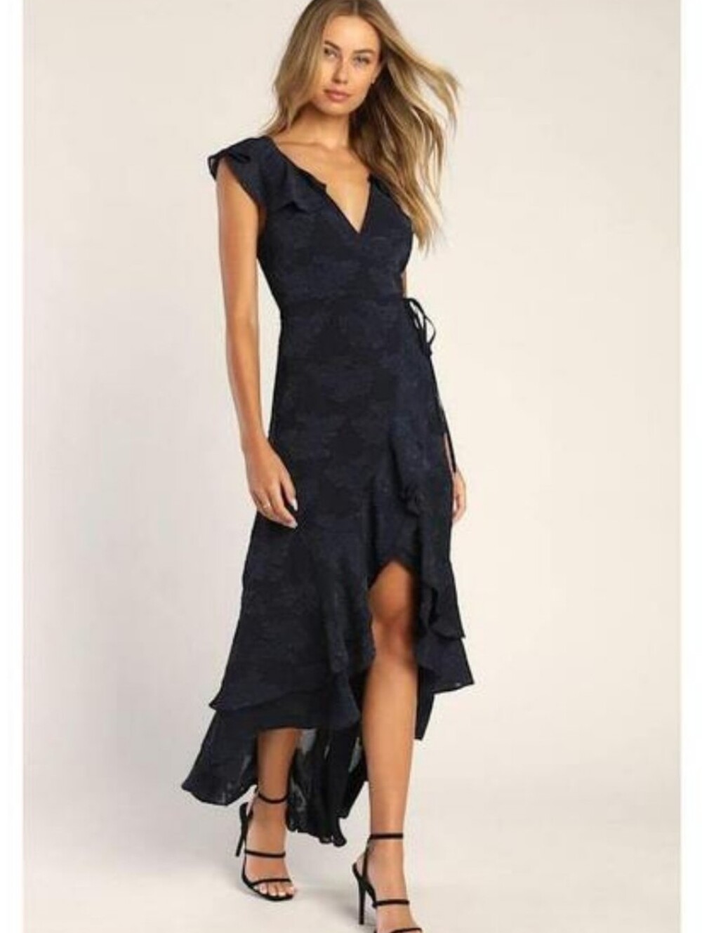 Lulus Blue Lace Burnout Wrap Dress High-low Ruffle Size M